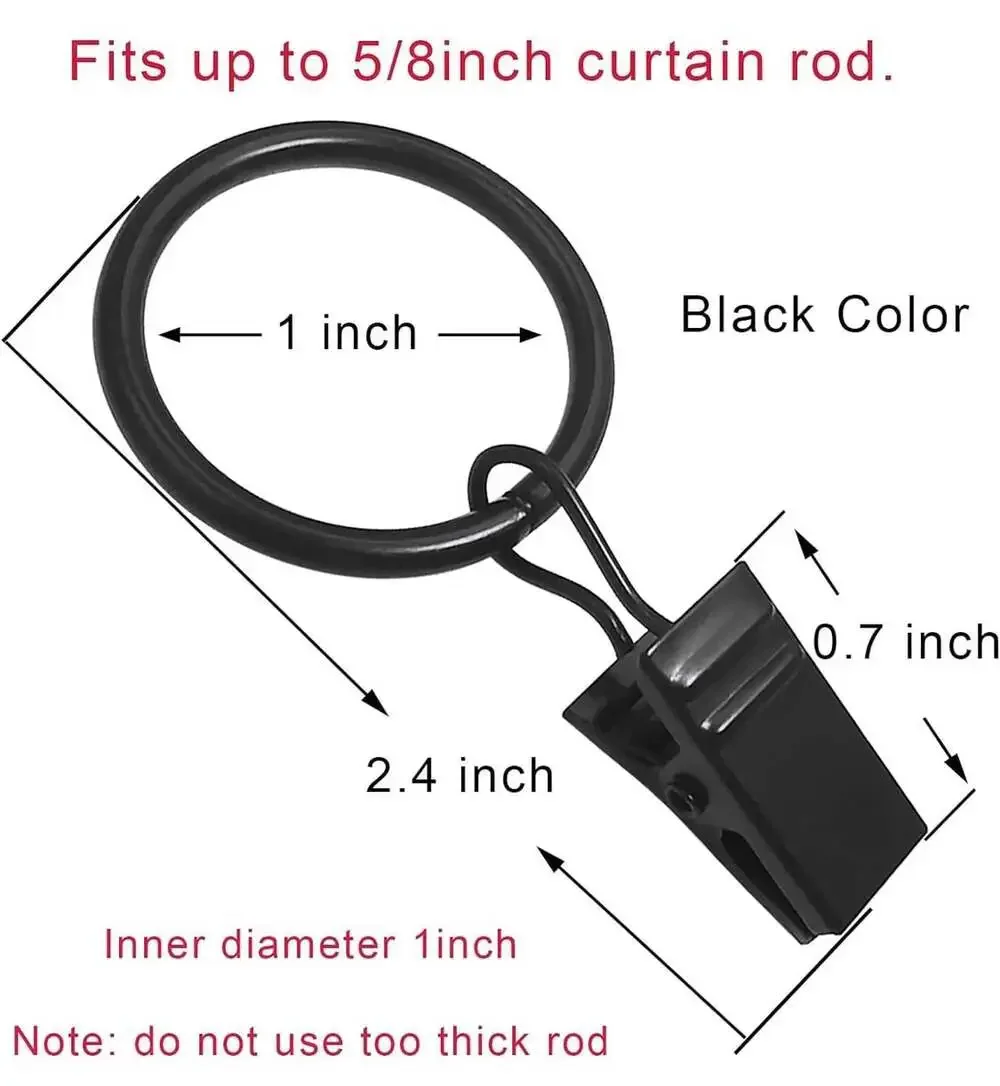 LLPJS 100 Pack Black Curtain Rings with Clips, 1 Inch Interior Diameter